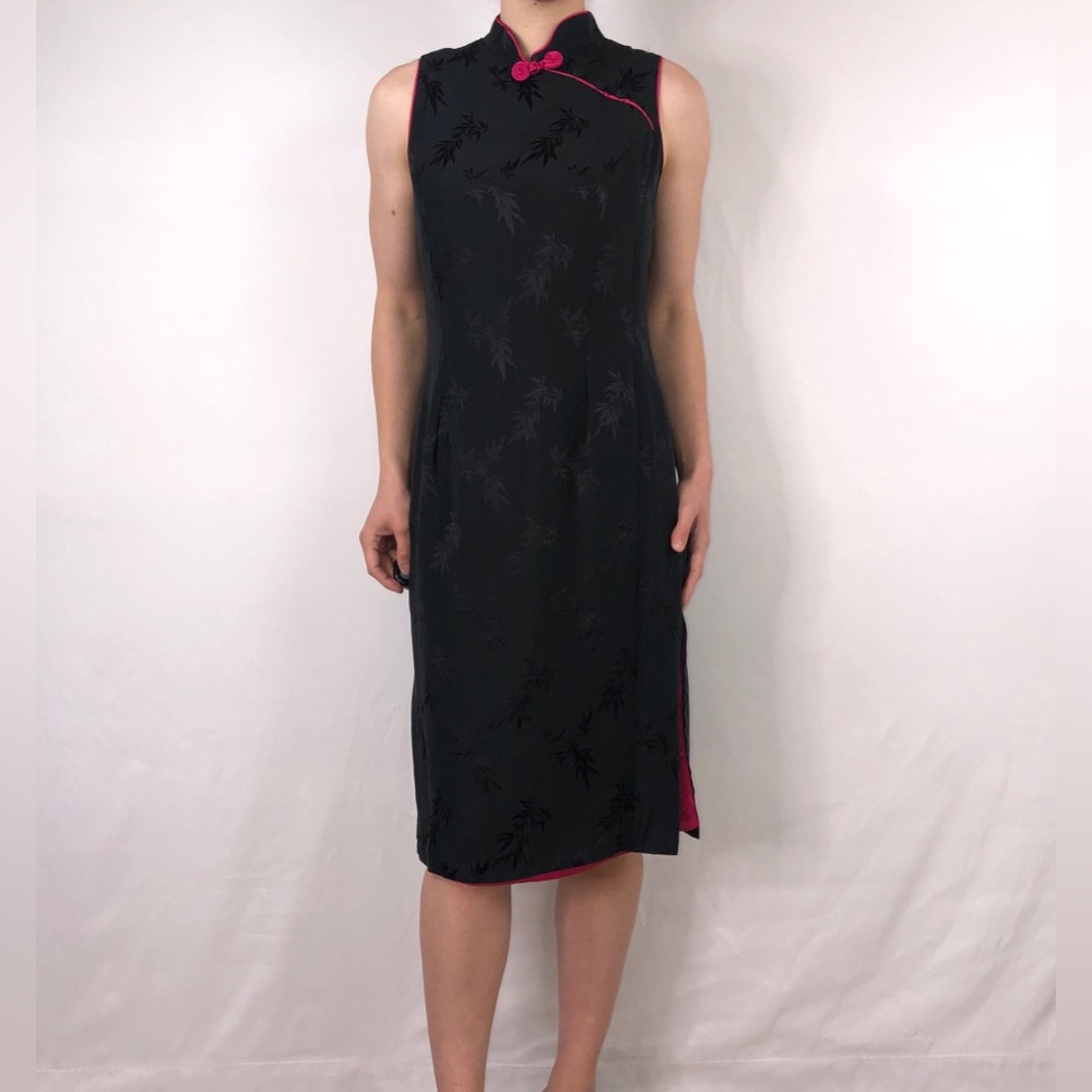 Vintage 90s‎ Sue Wong Cheongsam Sleeveless Silk Dress Black Pink Size M